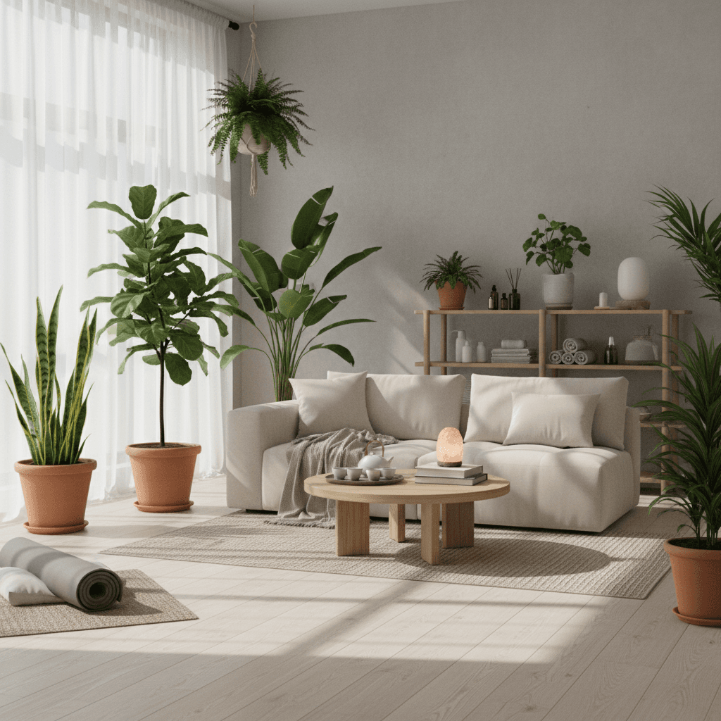 A calm wellness studio with natural light and plants