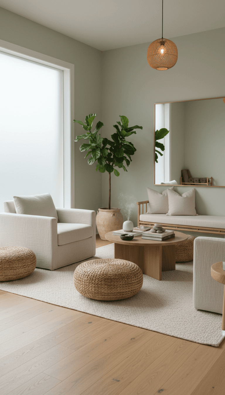 Peaceful wellness studio interior with soft natural light and comfortable seating