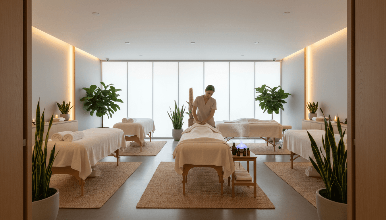 Tranquil treatment room with a massage table and soft natural lighting