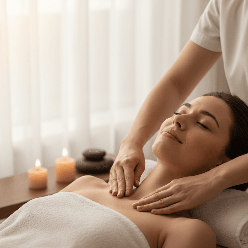 Calm wellness studio treatment room with candles and soft lighting