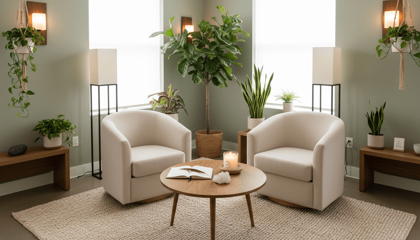 Cozy wellness studio interior with soft lighting and a peaceful atmosphere